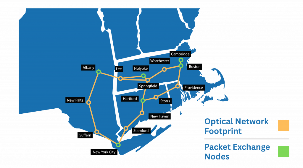 map of the northeast with dots and lines connecting the optical network footprint and packet exchange nodes locations